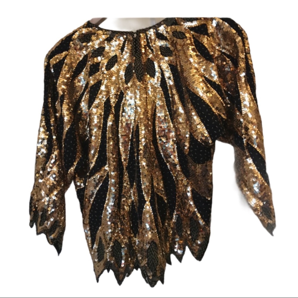 Gold sequin/bead silk blouse, med 80’s vintage